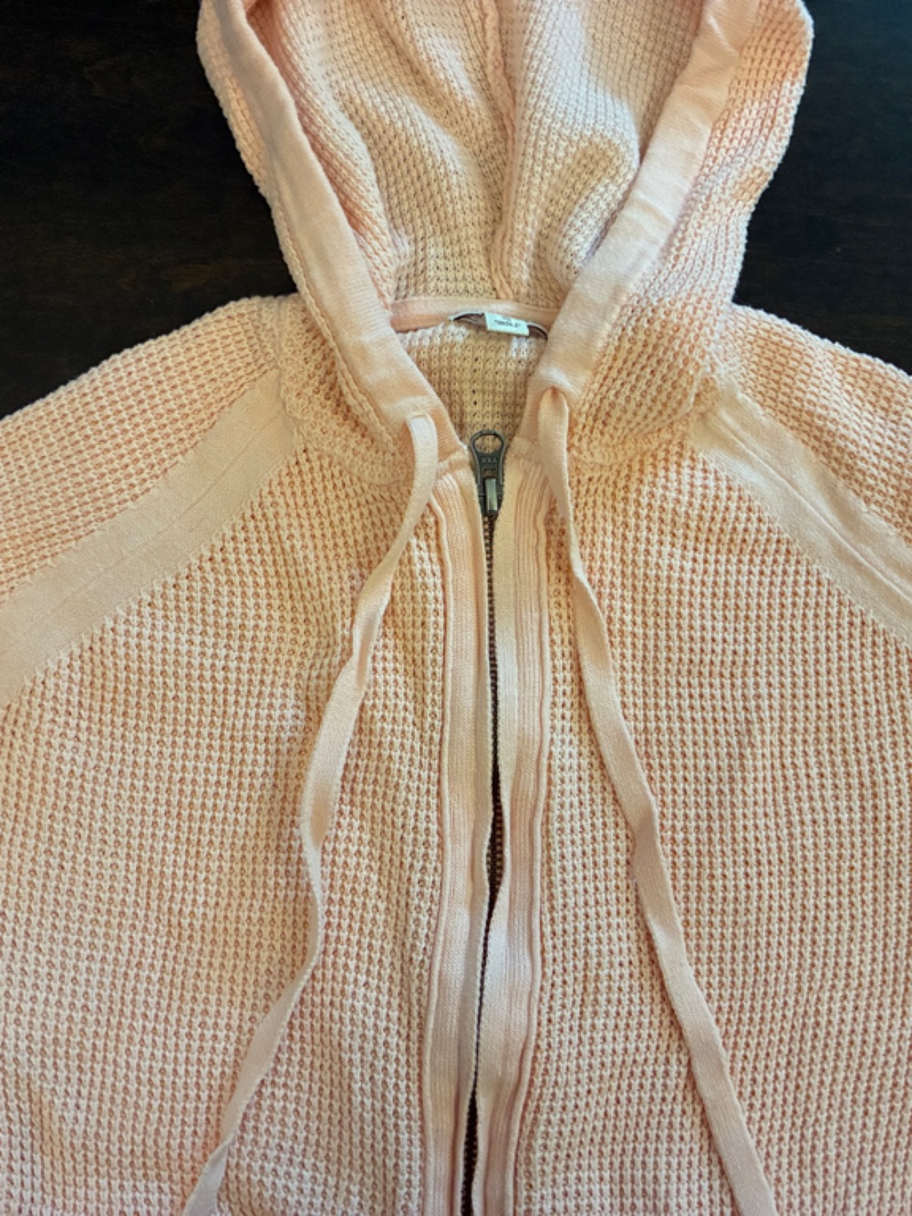 Sonoma light peach coral waffle Knit Hooded Zip Cardigan pockets, yoke accent.